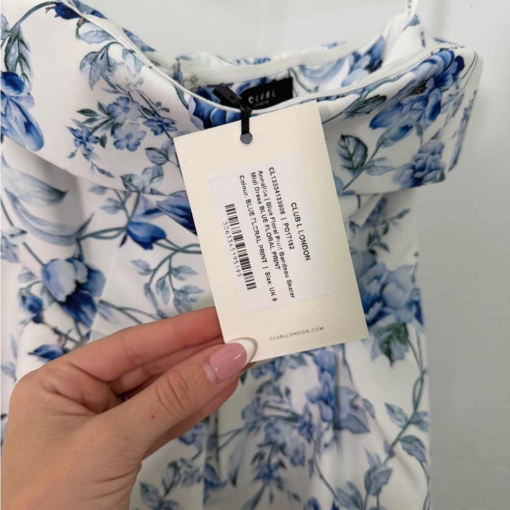 Club L London Blue Porcelain Print Bandeau Midi Dress With Volume Skirt - NWT - Picture 8 of 10